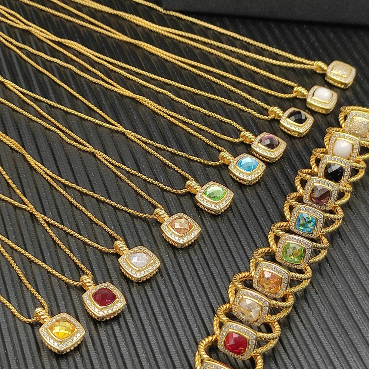 

New S925 Sterling Silver Gold Square Diamond Gemstone Necklace Neutral Fashion Classic Personality Trend Retro Luxury Jewelry