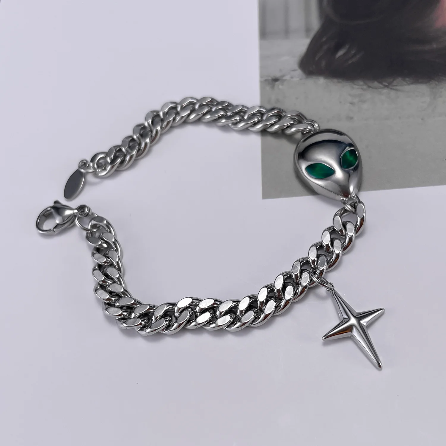 European And American Retro Fashion Versatile Alien Accessories Personalized Hip-Hop Cuban Chain Titanium Steel Bracelet For Men