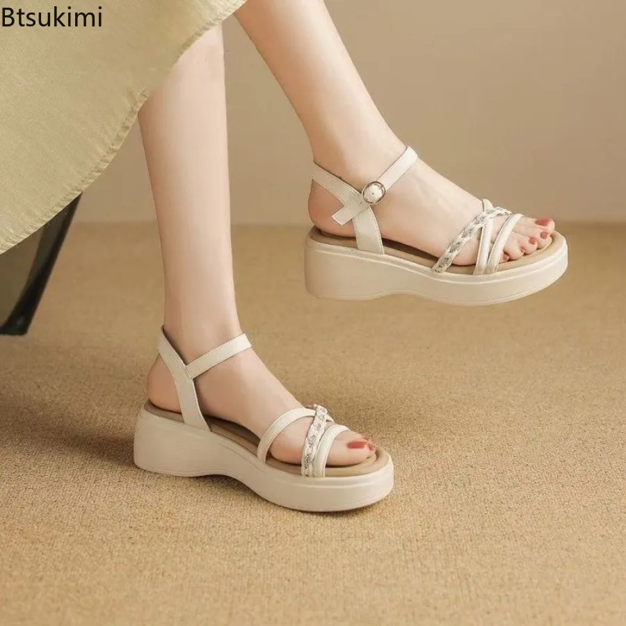New 2026 Summer Women's Slope Heel Thick Bottom Roman Sandals with Diamond Weaving and Height Increasing Fairy Style Beach Shoes