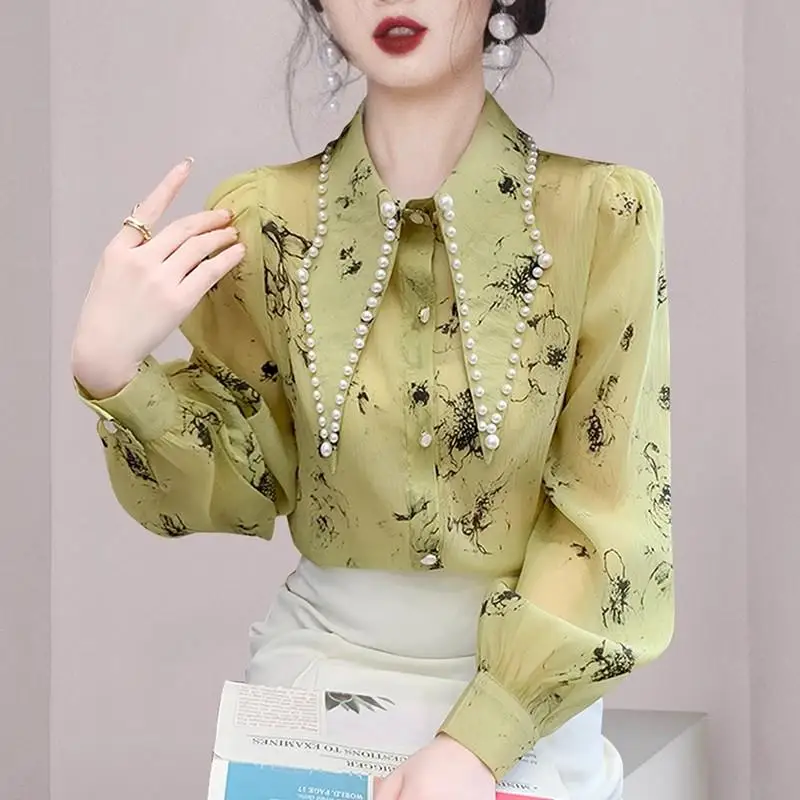 

Шикарный утягивающий шифоновый воротник с воротником из бисера, женский весенне-осенний топ 2022, новинка Faion, корейский топ Long Sve Ne