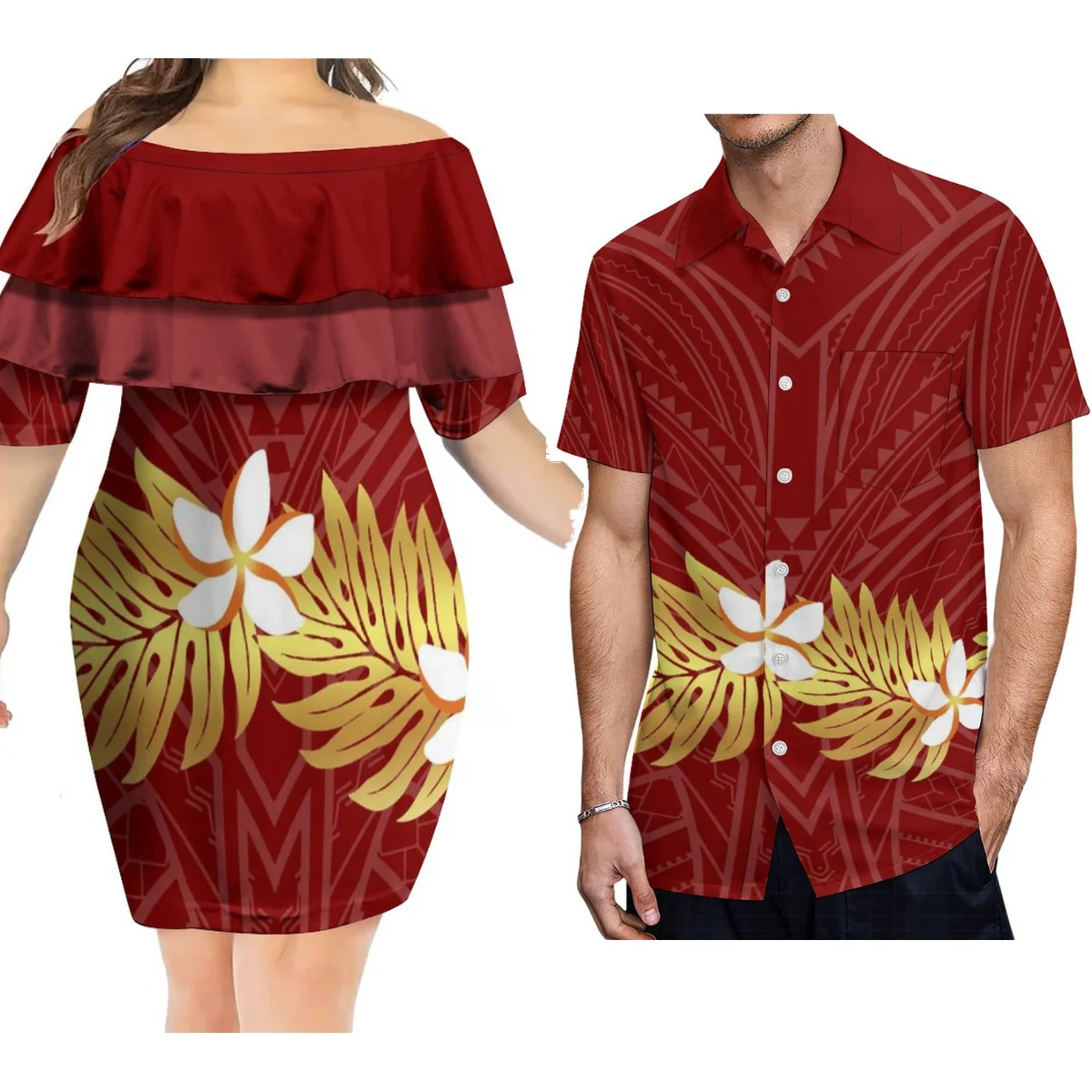 

New Women'S Off-The-Shoulder Dress Sexy Party Dress Hawaiian Polynesian Tribe Designed For Couples With Men'S Shirts