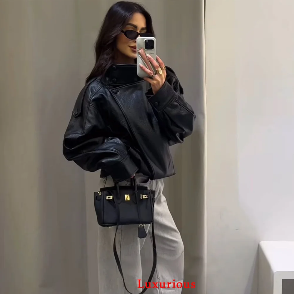 KONDALA Casual Chic Schwarz Leder Jacken Frauen Langarm Tasten Elastische Übergroße Mäntel Mode 2026 Frühling Streetwear Mäntel – Detail 8