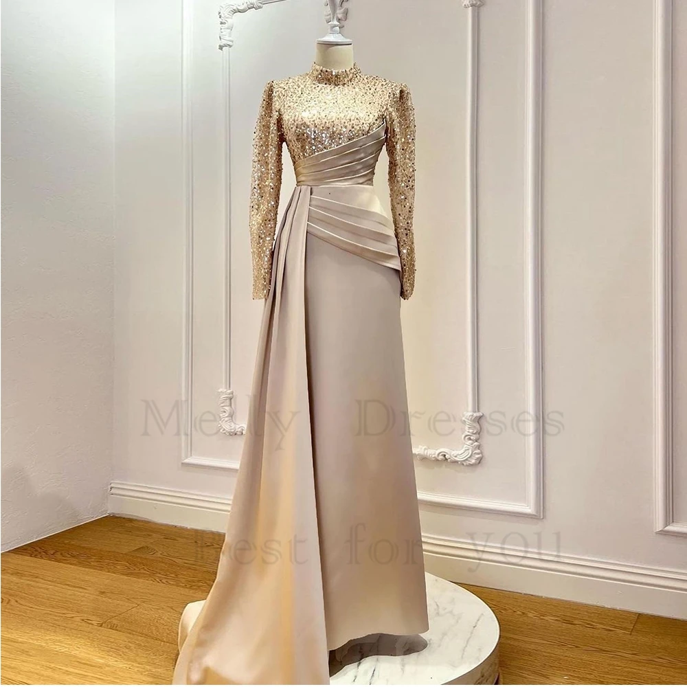 

Champagne High Neck Evening Dresses for Women Sheath Full Sleeve Prom Gowns with Sequined Georous Robe De Soirée 2023 Summer