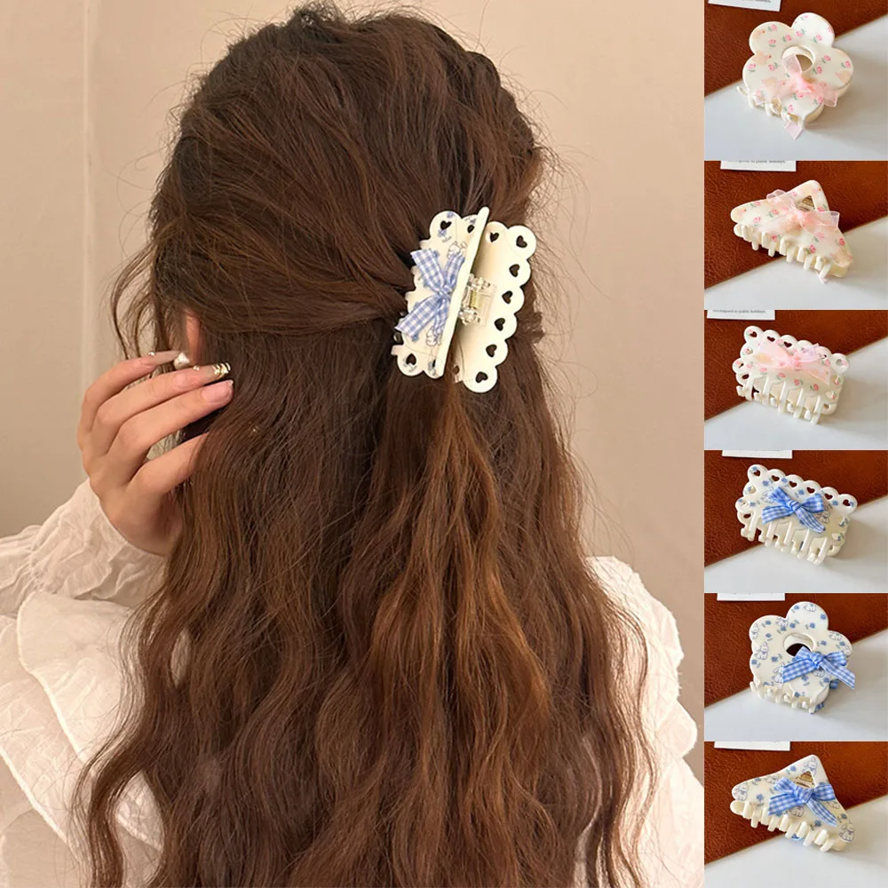 Korean Style Acrylic Ribbon Bowknot Hair Claw  Sweet Hair Clips For Girls Flower Grab Clip Ponytail Hair Accessories For Women