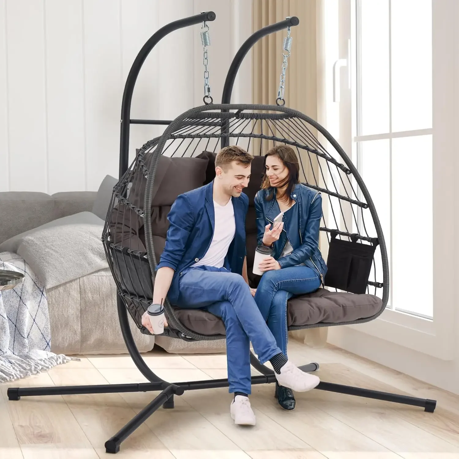 Double Rattan Swing Egg Chair with Side Pockets, Foldable Hanging Egg Chair with Stand, Outdoor and Indoor w/ Cushions for Patio