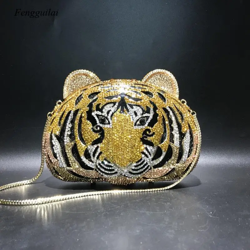 Women's Rhinestone Evening Clutches Animal Tiger Design Rhinestone Bag Ladies Diamond Silver Gold Club Party Clutch Purse 2022