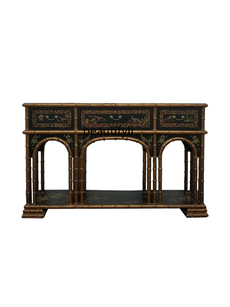 

Chinese Painted Solid Wood Console Tables Bamboo Joint Console a Long Narrow Table European Luxury Hand Painted Wall Side Table