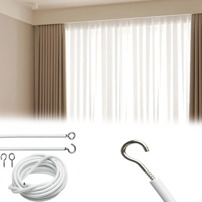 Flexible Curtain Wire 2 Meter Length with 2 Metal Hooks and 2 Screw Eyes Hanging Curtain Decors Supplies Home and Garden