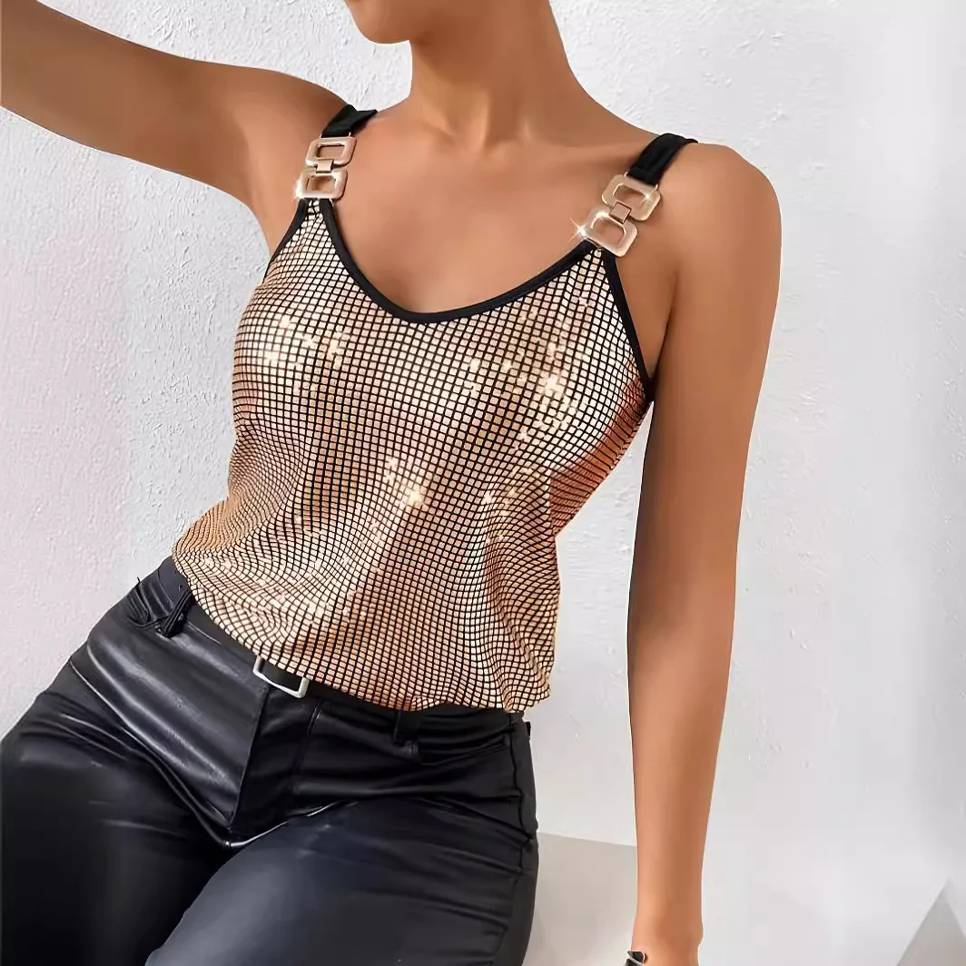 

New Style Sequin Chain Camisole For Women Summer V Neck Glitter Tank Tops Fashion Loose Sexy Backless Party Vest Women's Tanks