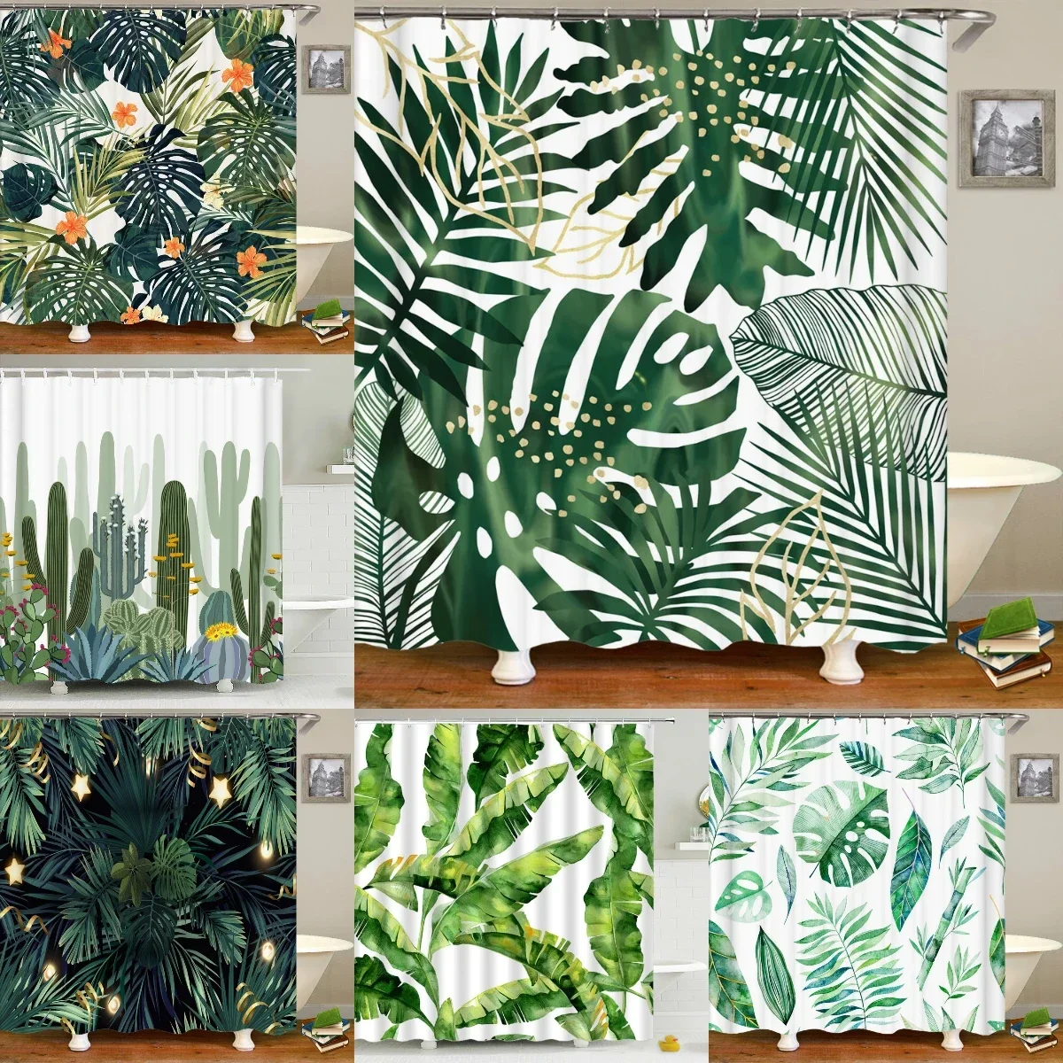 3d Printed Green Tropical Plants Shower Curtains Bathroom Waterproof Polyester Leaves Bath Curtain Shower Curtain Bath Screen