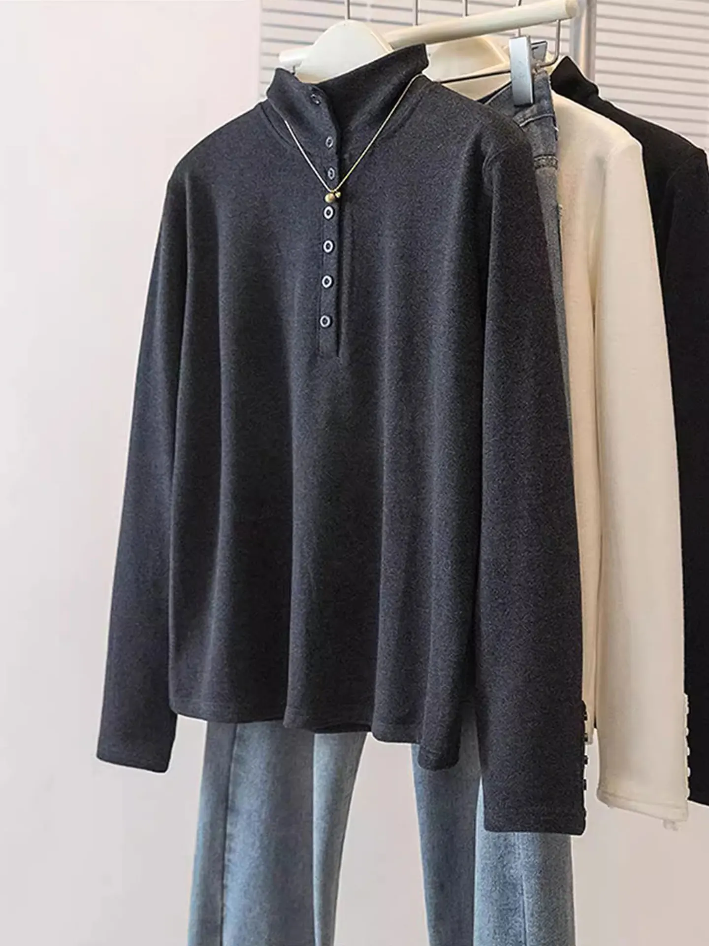 

Loose Long Sve T-irt f High Collar ey Slimming Large Size Women's Faion Autumn Winter Simple Match All-Match Top