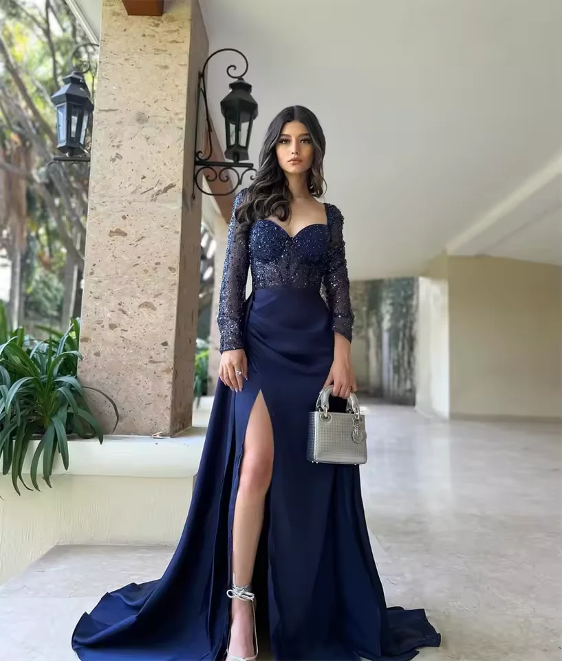 

Customized Navy Blue Satin Mermaid Prom Dress2025 Sweetheart Long Sleeve Celebrity Party Dress Sparkling فساتين سهره نسائيه فخمة