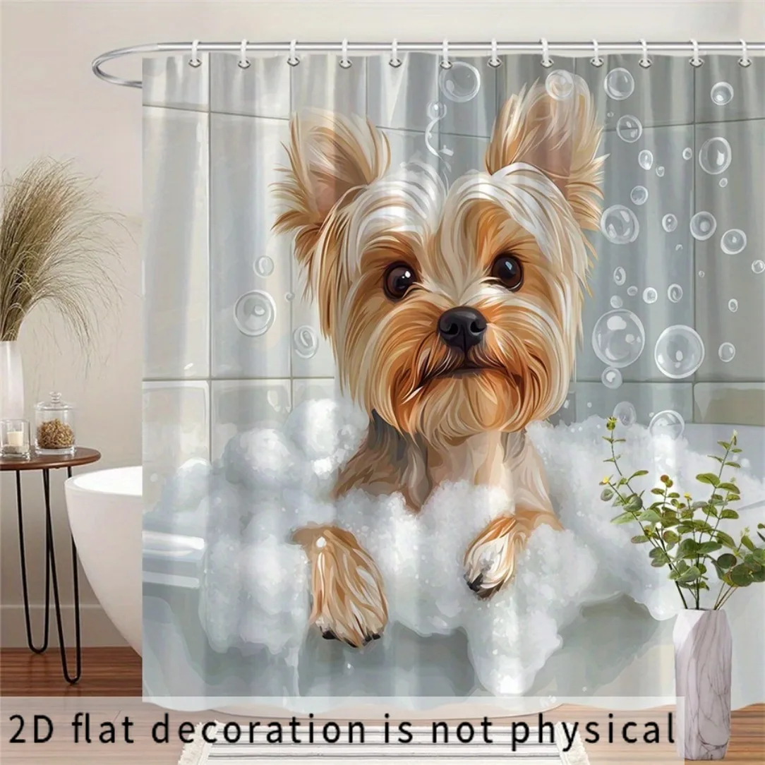 2D Flat, 2D Flat Shower Curtain 1pc, Bubble Yorkshire Terrier Shower Curtain, Comfortable, Multiple Sizes Available, Light Luxur