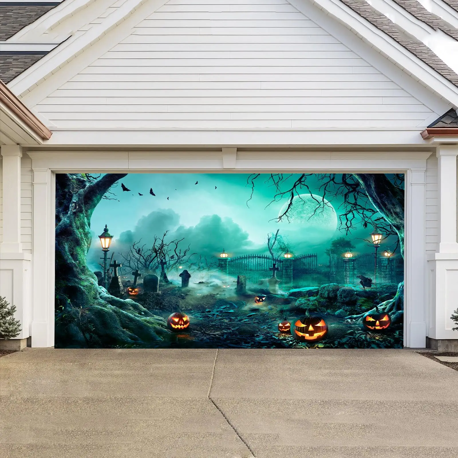 

Halloween Garage Door Decoration Banner Horror Cemetery Pumpkins Halloween Large Hanging Backdrop Home Yard Wall Outdoor Decor