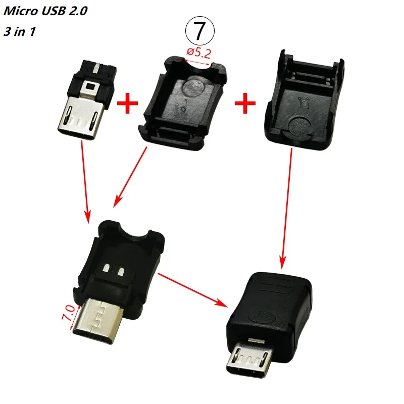 10Sets Micro USB 2.0 Male Jack (3 in 1) USB Connector 3Pin With Plastic Cover Dia.5.2mm Kinds of DIY