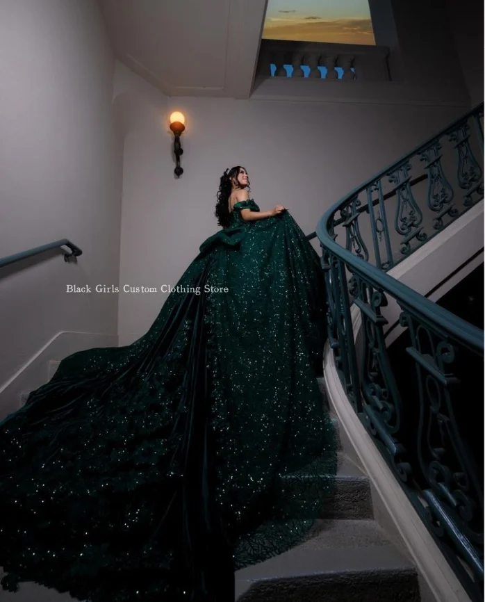 Vestidos de Quinceañera de princesa Esmeralda, exquisitos vestidos de lentejuelas de encaje de un hombro, vestido de graduación mexicano, tren de la catedral de xv