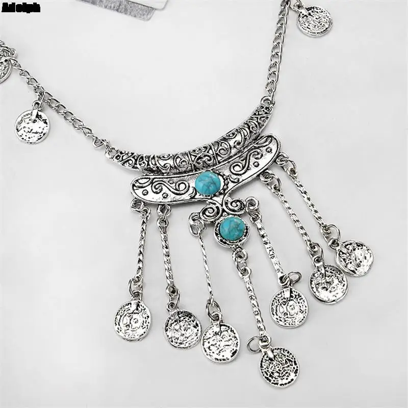 New Fashion Bohemian Coin Necklace Women Girl Alloy Vintage Long Stone Tassel Necklace Sweater Chain Pendant Jewelry Gifts 2022