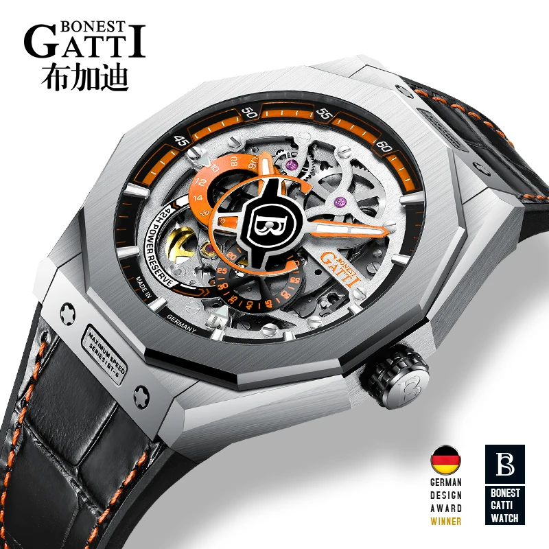 BONEST GATTI мужские часы немецкие автоматические механические скелетон светящийся модный кожаный ремешок BG7601-B