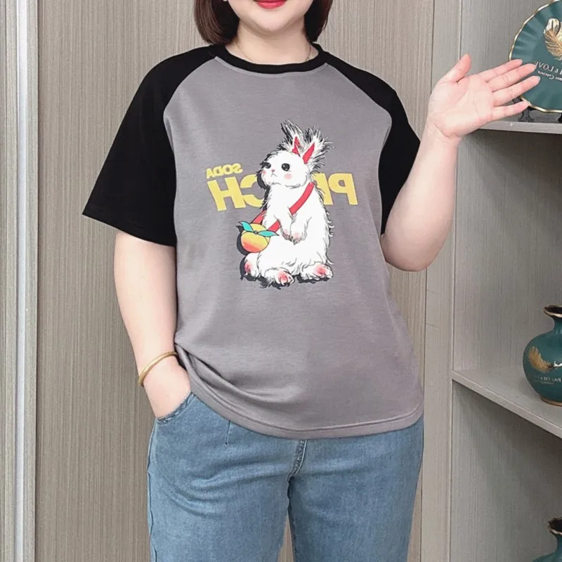 Rabbit Print With Raglan Sleeve Top 2024 Summer New Plus Size Women Loose Casual Scuba Knitting Fabric T-shirt