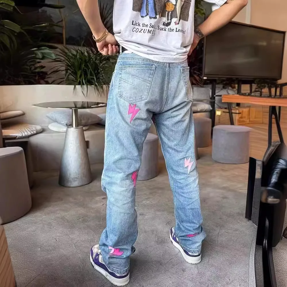 

Men's Pink Lightning Loose Straight Niche Design Baggy Jeans Harajuku Hip Hop Denim Pants