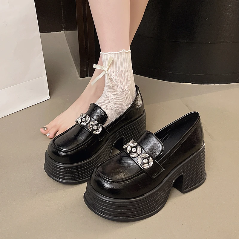Block Heel Single Shoes Autumn New Round Toe Deep Slip Rhinestone Slip-on Platform Non-Slip Heeled Loafers