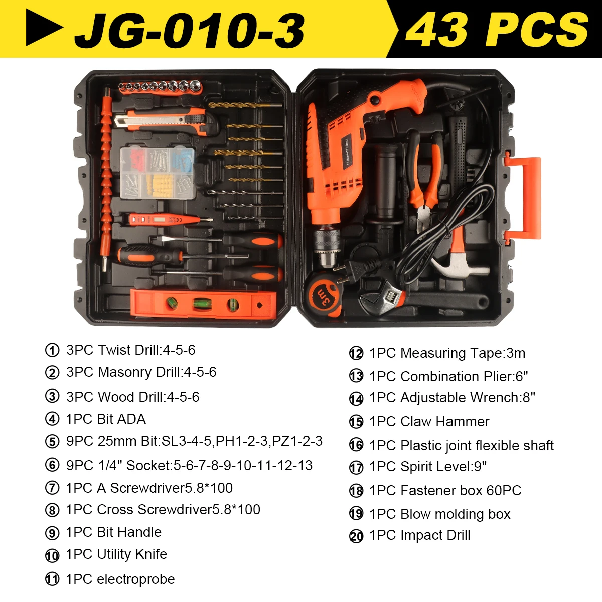 Corded Hammer Drill, 10 Amp, Variable Speed, 1/2 inch with Mechanics Tools Kit/Socket Set