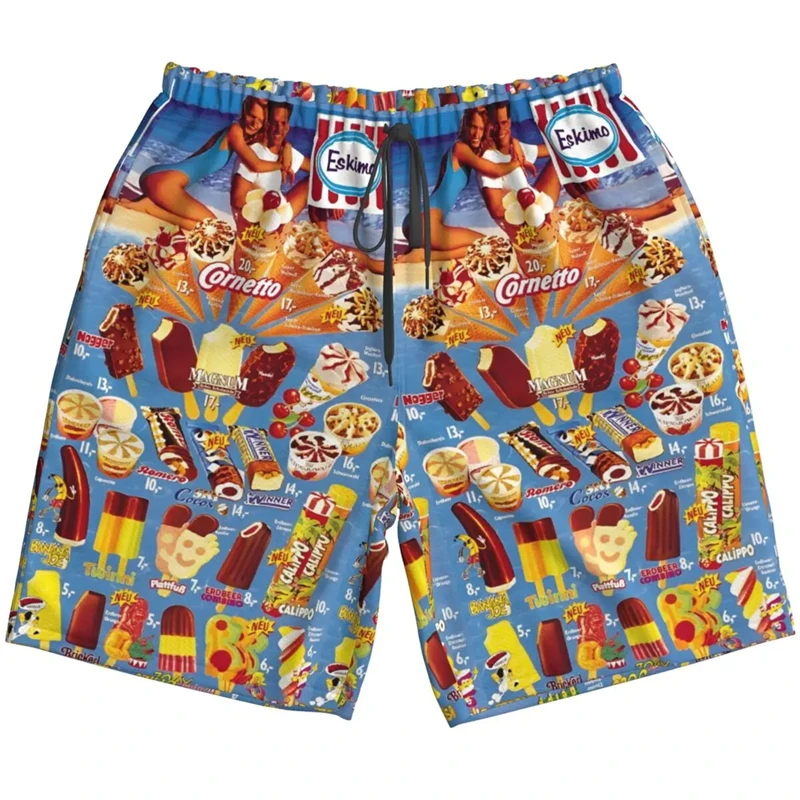 2024 Harajuku Sweet 3D Ice Cream Pattern Men's Beach Shorts Summer Summer Hawaii Beach Vacation Swimming Shorts