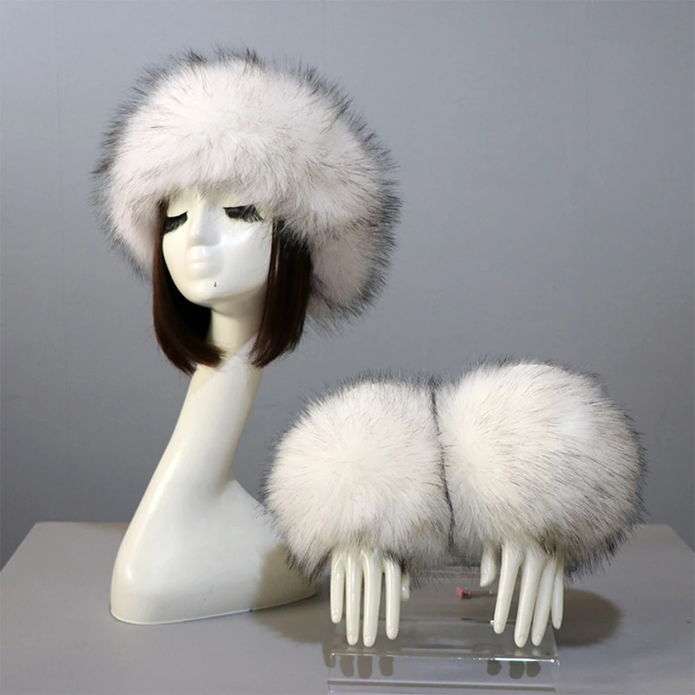 3pcs/Set Women Winter Faux Fox Fur Headband Hats Cuffs Fashion Warmth Female Wrist Sleeve Gloves Faux Fur Cap Russian Style