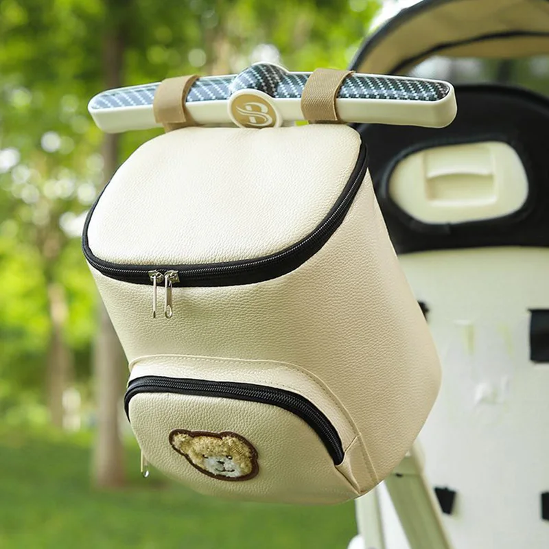 

Universal Baby Stroller Hanging Bag Large Capacity Storage Bag Bear Embroidery Pu Waterproof Multifunctional Portable Diaper Bag