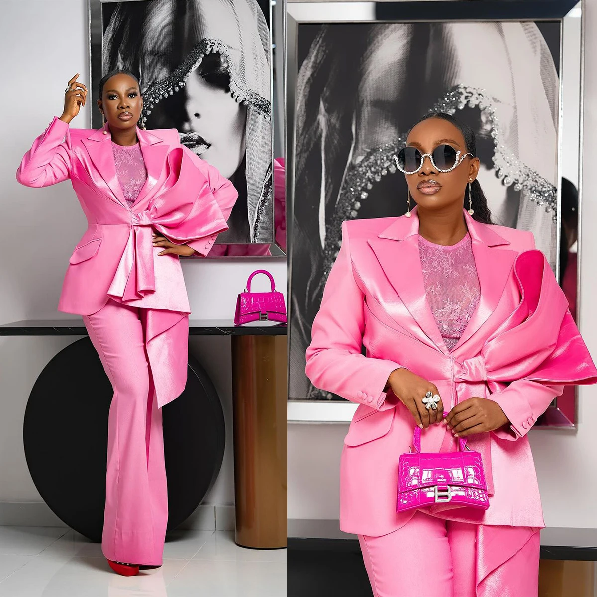 Luxury Pink Women Suits Blazer With Bow Full Sleeves Formal Jacket Coat Wedding Tuxedos Tailored Outfit 2 Pieces