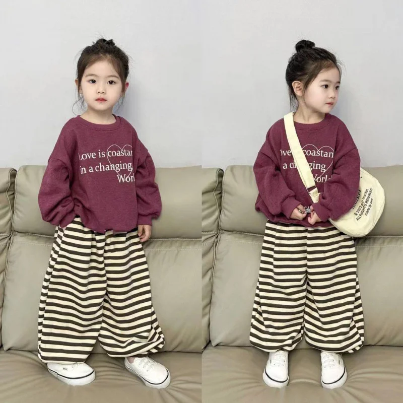 

Baby Letters Top Striped Pants Suit Girls Cute Cartoon Suit Spring Autumn New Children's Fashion Casual Loose Suit 2-8 Years Old