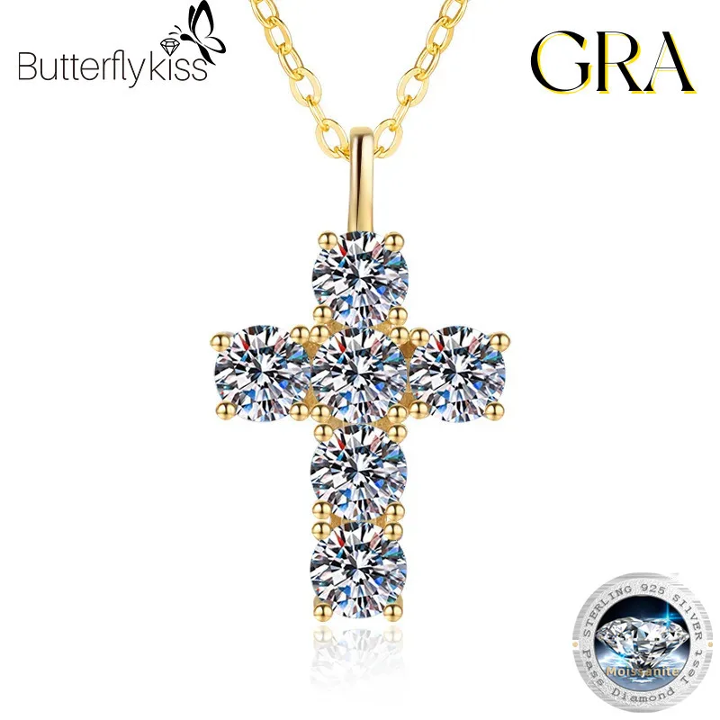

Butterflykiss Total 3ct 5mm Moissanite Cross Pendant Necklaces For Women Man Sparking Diamond 100% 925 Sterling Silver Necklace