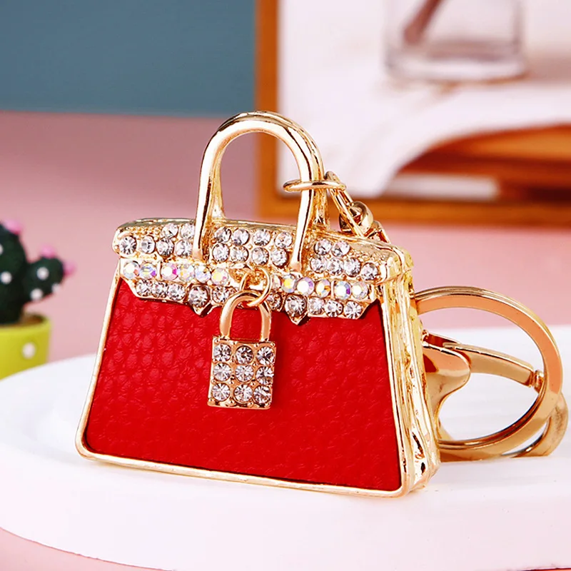 Fashionable And Cute Leather Crystal Women'S Handbag Keychain Creative Women'S Wedding Jewelry Pendant Car Girl Gift