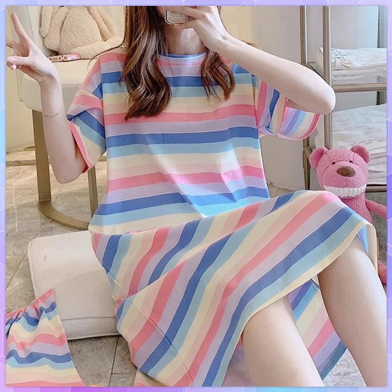 Summer Cartoon Print Sleepwear Short Sleeve Nightdress Sexy Nightwear Women's Dress Pajamas Schoolgirl Home Lovely Nightgown