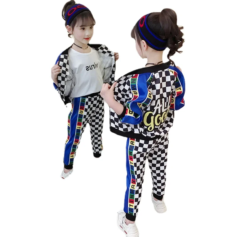 Girls' Clothing Sets Sports Style Spring and Autumn New Leisure Lattice Coat+pant  Two-piece Track Sets 4-6 8 10 12 Ages