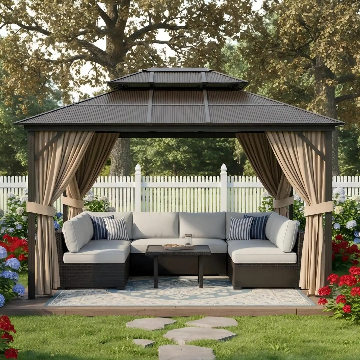 

10x13FT Hardtop Gazebo Double Polycarbonate Roof Aluminum Frame Netting Curtains Patio Garden Backyard, Customized