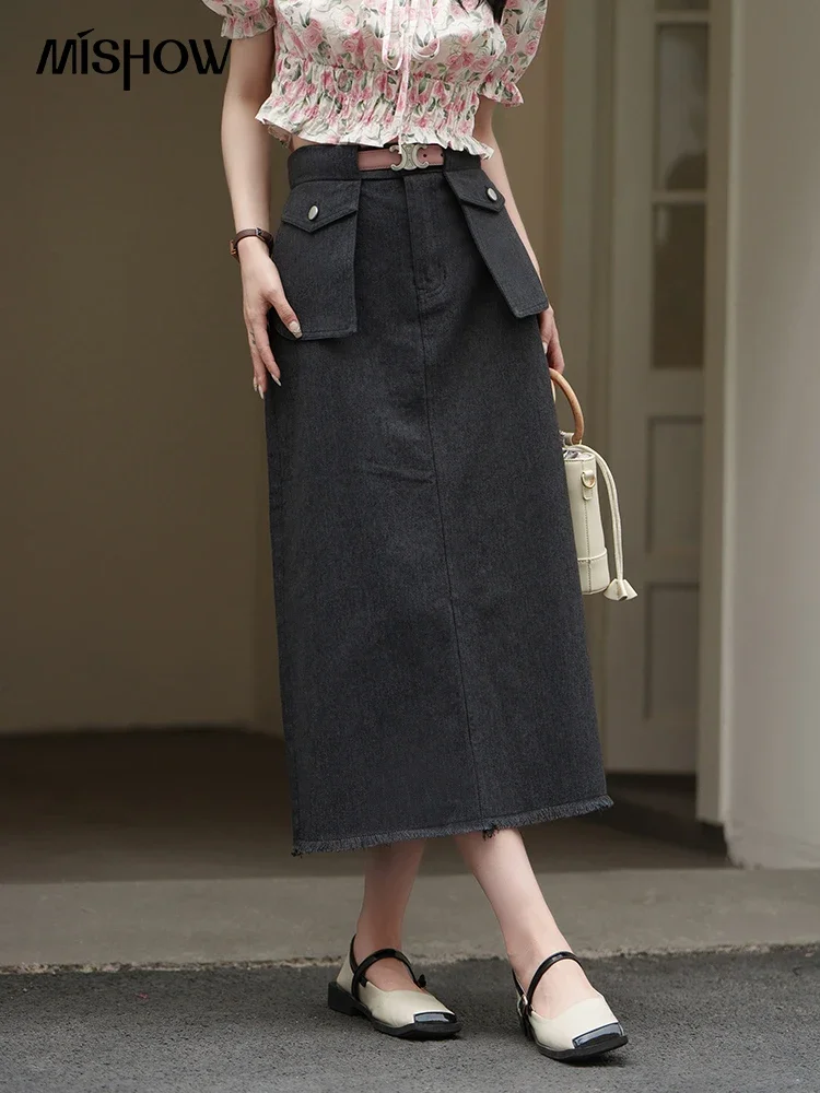 MISHOW Casual Denim Skirt for Summer 2023 High Waist Double Pocket Rear Fork Elastic Waist Female A-LINE Midi Skirts MXC16B0031