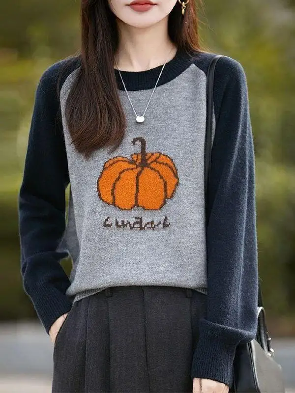 Loose Women's Knitted Sweater round Neck Overhead Small Pumpkin Pattern Autumn Winter Atmosphere Match All Knitted Sweater Top