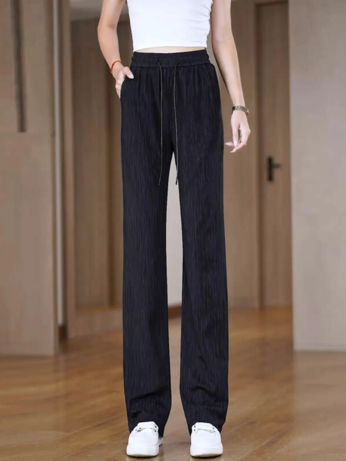 Primavera 2025 faion estreita calças de perna larga feminina macia cintura alta magro solto drapey versátil casual calças de perna reta