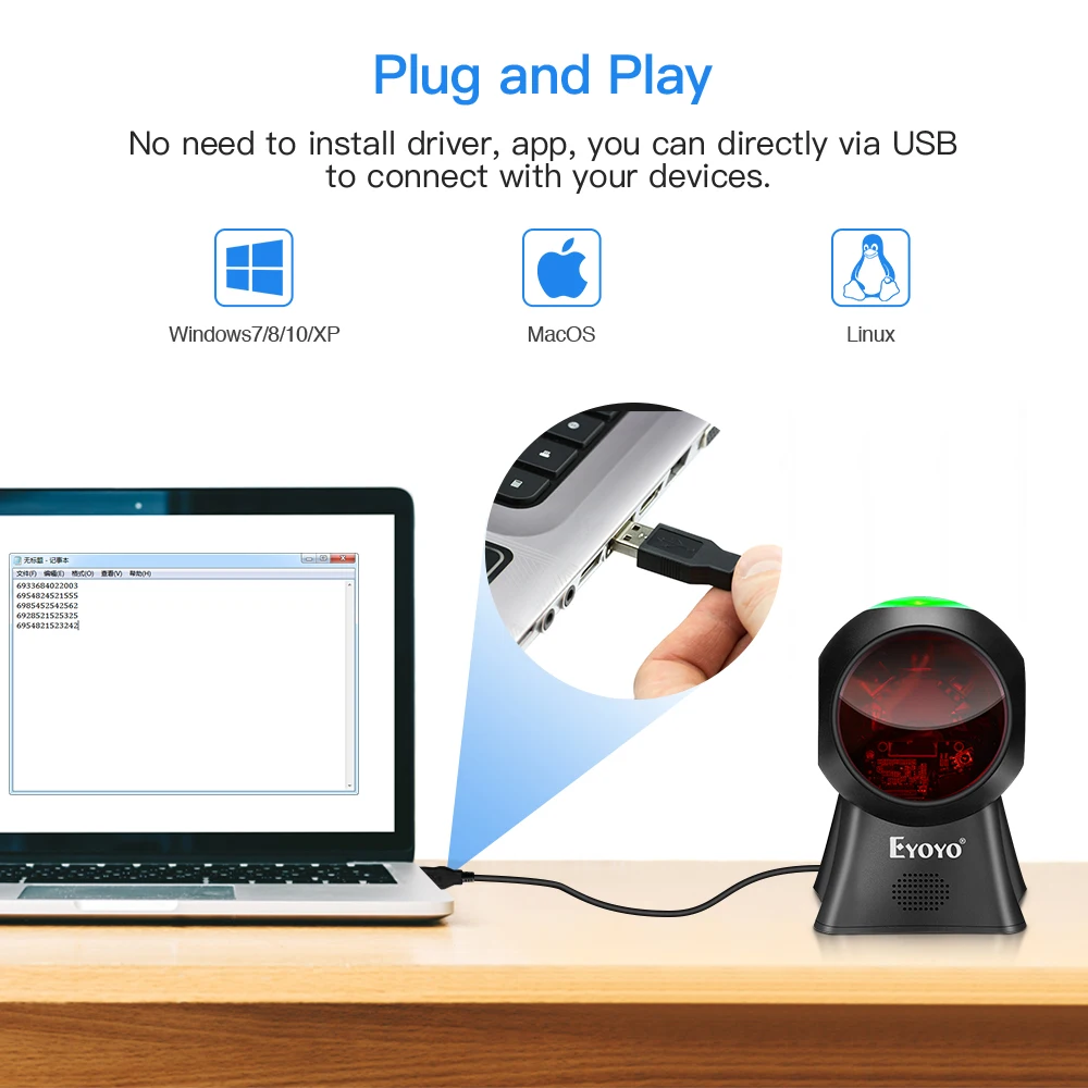 Eyoyo USB Wired Platform Barcode Reader 1D/2D Desktop Bar Codes Scanner Auto-sense Scanning For Library Supermarket Retail Store