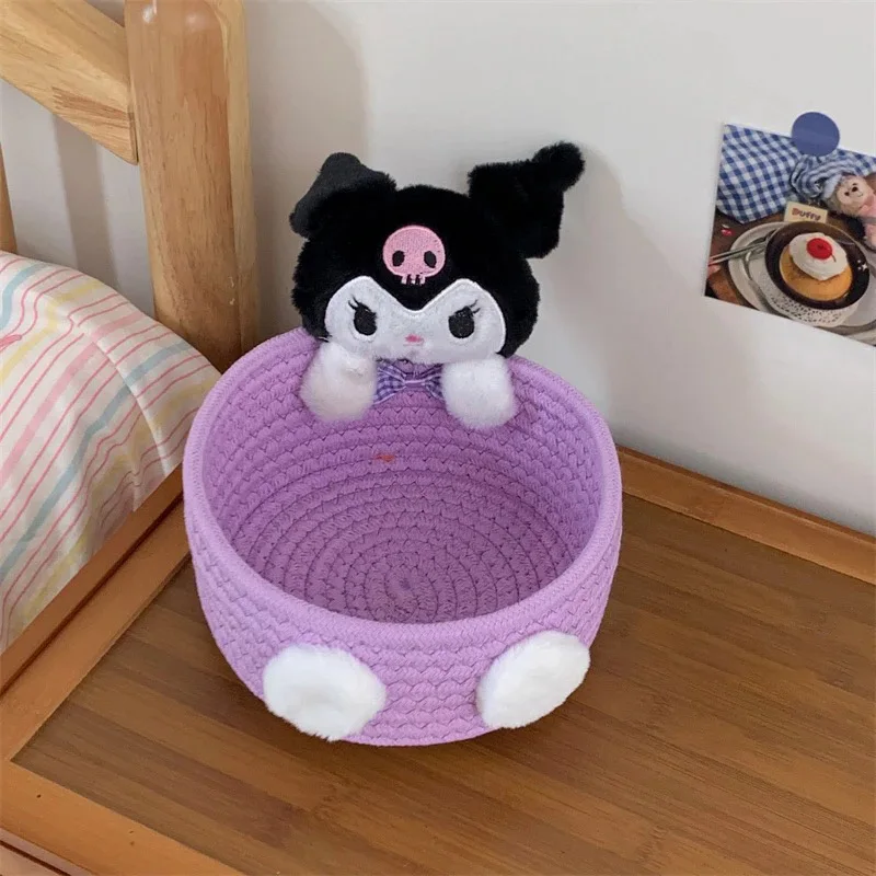 Kawaii Hello Kitty Weave Storage Basket Kuromi Cinnamoroll Girl Sundries Storage Baskets Ornaments Hairpin Toy Cosmetics Storage