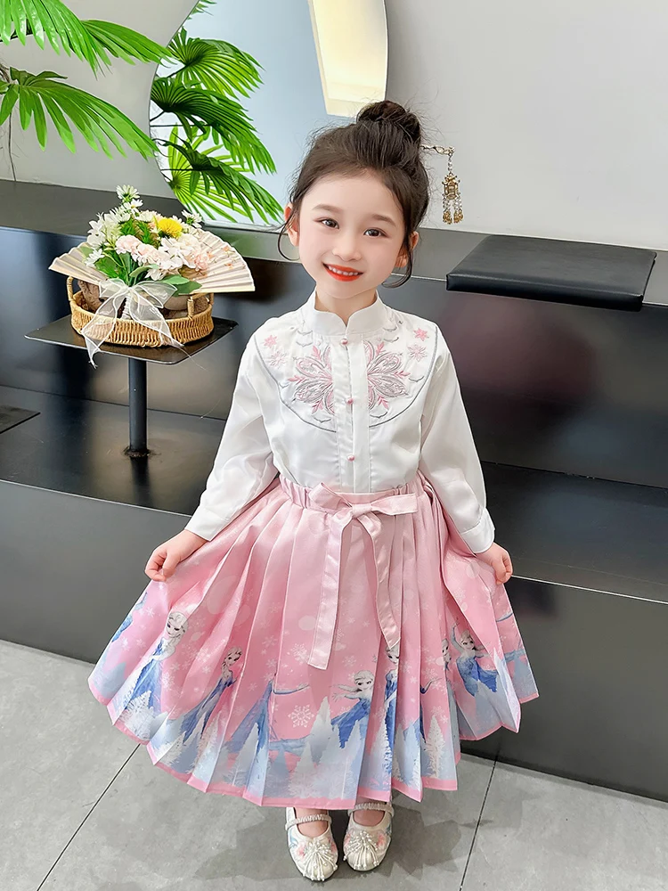 

Модный комплект юбок Ханьфу для девочек, весна-осень 2024, новинка, стильный комплект из двух предметов, юбка-шлейф для маленьких детей, трендовый