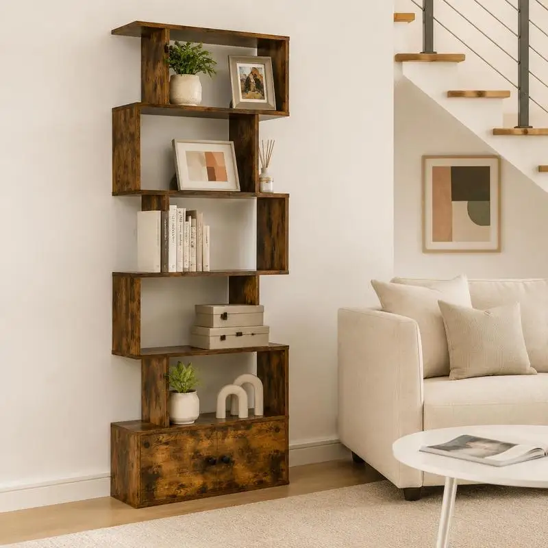 Étagère à livres en forme de S à 6 niveaux, armoire autoportante avec portes, aspect café, pour salon, expédition depuis l'entrepôt UE