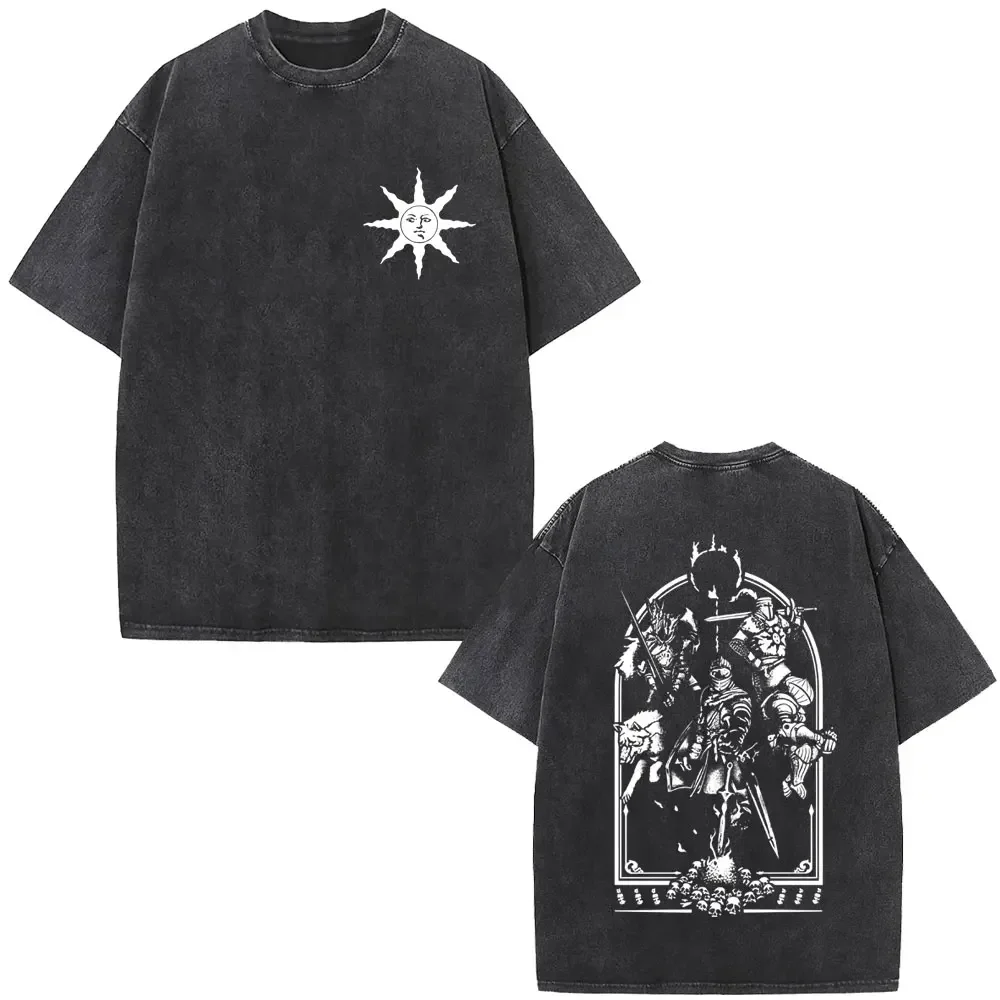 Customization Shirt Game Dark Souls Praise The Sun Washed Vintage T-shirt Men Women Gothic Rock T-shirts Men's Casual Cotton Sho