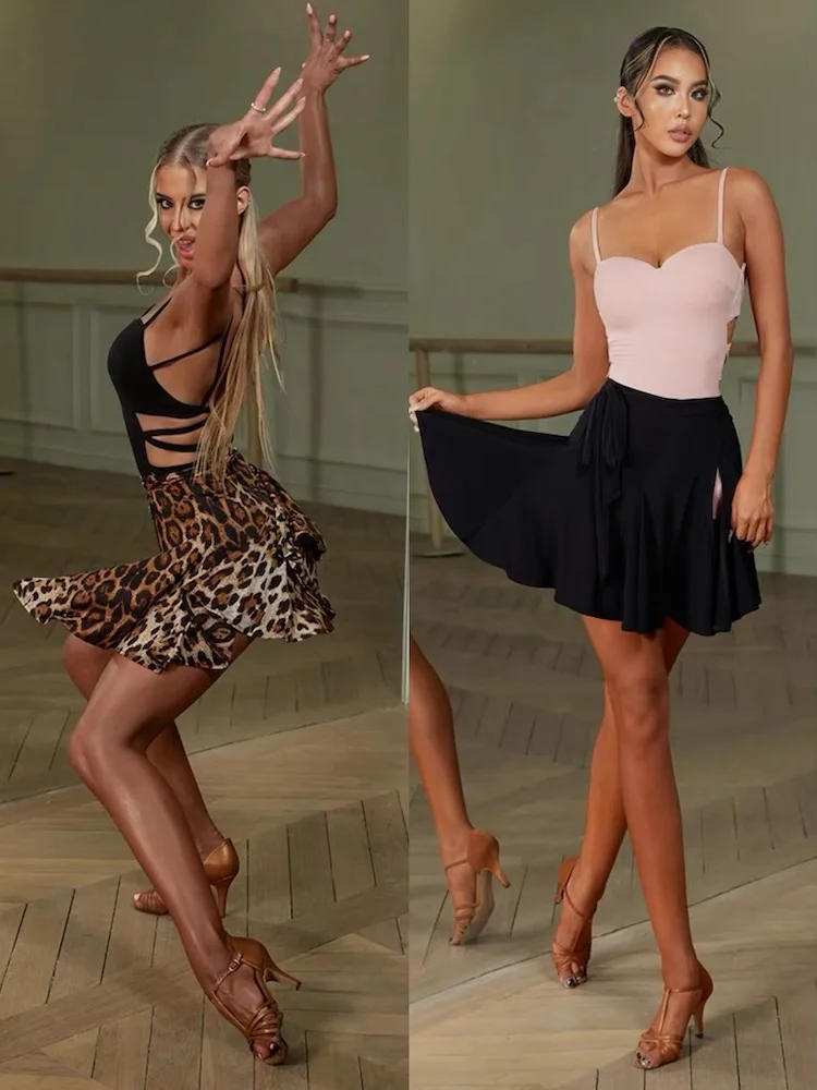 ZYM Latin Dance One Piece Warp Skirt Good Quality Black Leopard Latin Dancing Basic Practice Wear#2380