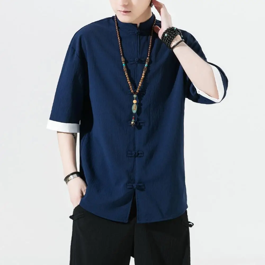

Men Retro Shirt Chinese Style Ice Silk Men's Shirt Solid Color Knot Button Single-breasted Mid Length Half Sleeves Loose