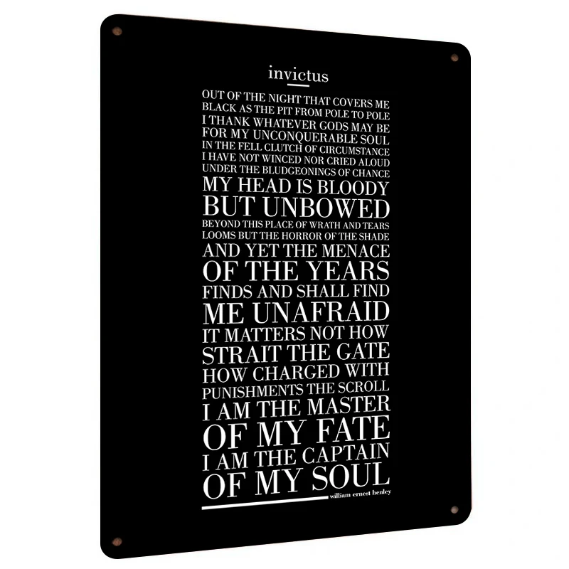 Poème anglais inspirant Invictus, signe en étain en métal, décoration murale de maison, peinture artistique pour étude, salon, chambre à coucher