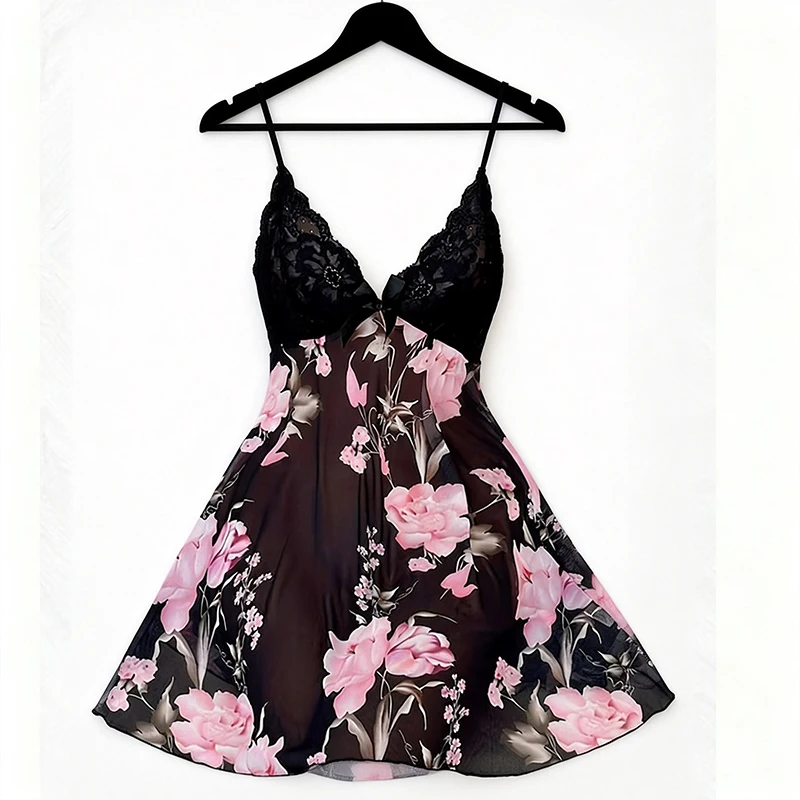 Women's Clothing New Mesh Halter Dress Black Printed Nightgown Sexy Lace Splicing Glamorous Temptation Homewear Nightgowns