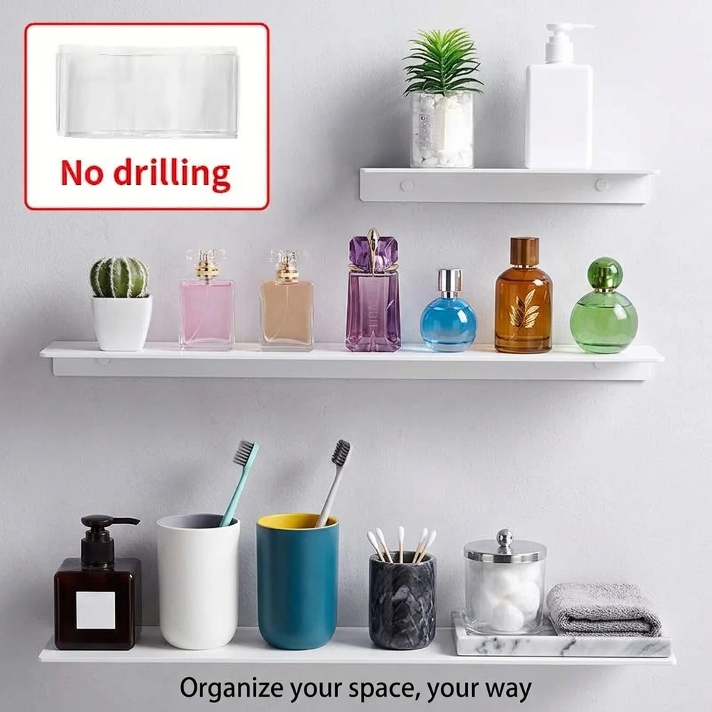 Small White Floating Shelf No Drill Shower Shampoo Holder Wall Mounted Sticky Bath Organizer for Kitchen Accessories