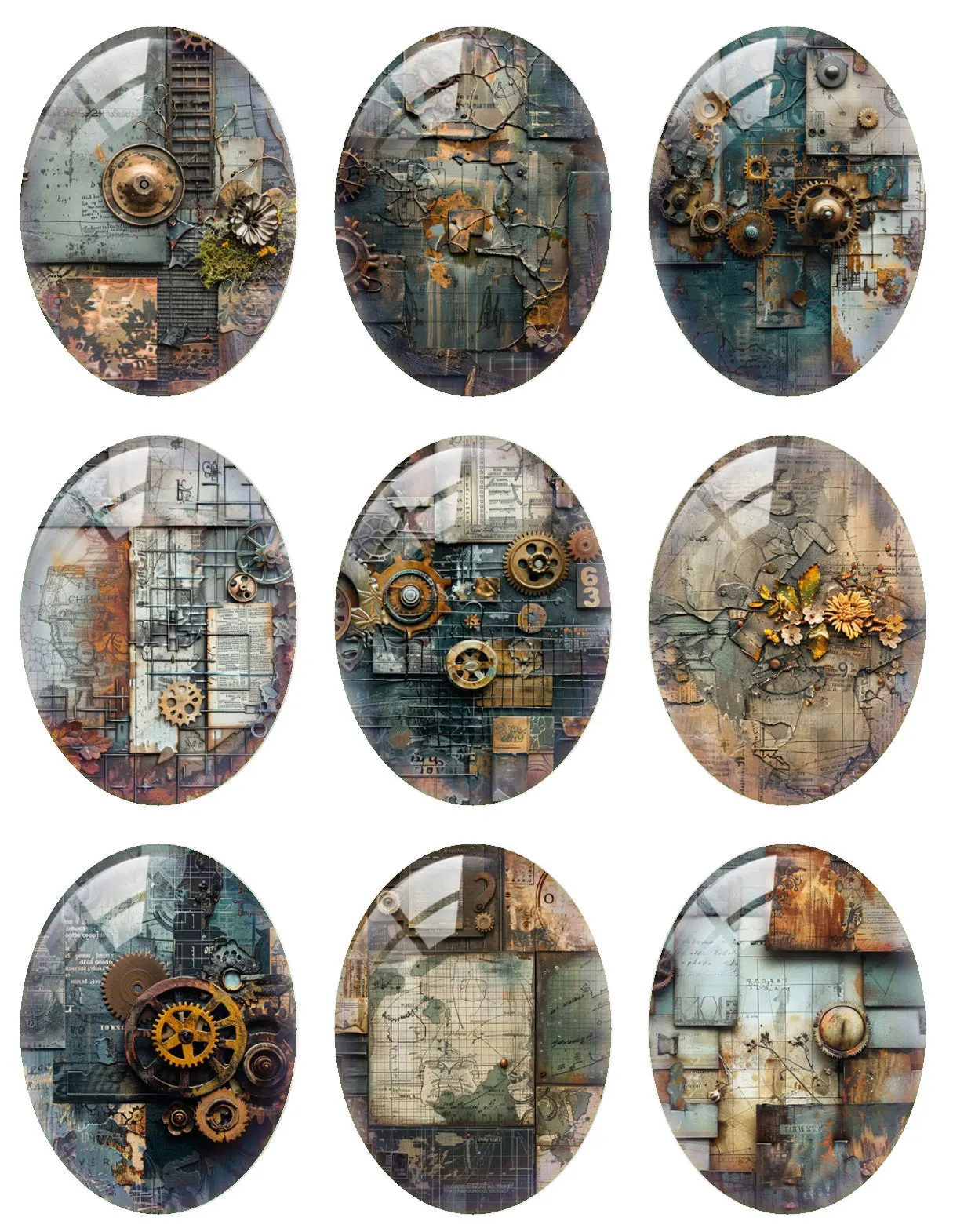 10pcs/lot Steampunk Gear Splice Geometry Pattern Oval Photo Glass Cabochon Flatback Demo Flat Back Cameo For Diy Jewelry Making